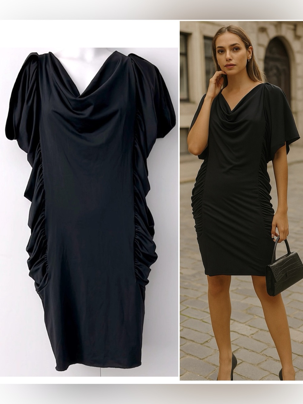 LOS ANGELES | Little Black Dress Draping sleeve & side ruched.